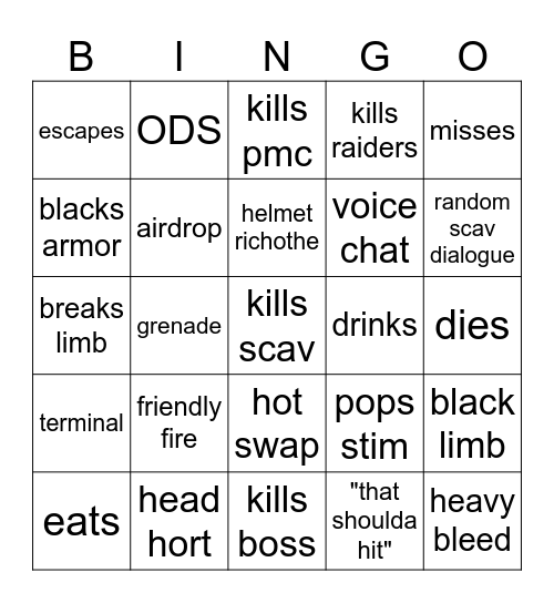 Sean sucks at tarkov Bingo Card