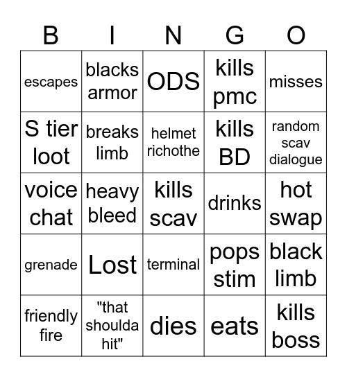 Sean sucks at tarkov Bingo Card