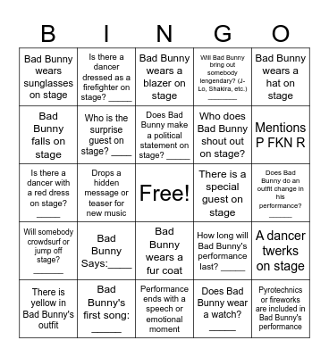 Bad Bunny Bingo!!!!! 2026 Superbowl Bingo Card