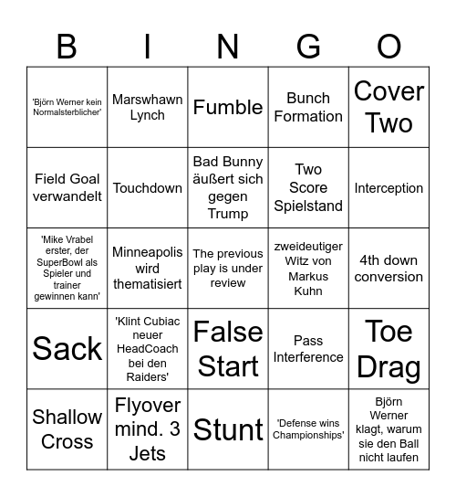Super Bowl Bingo Card