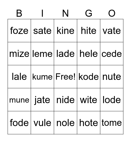 Silent e Nonsense Words Bingo Card