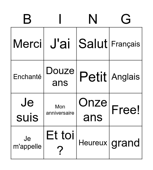8 French Week 3 Bingo Card