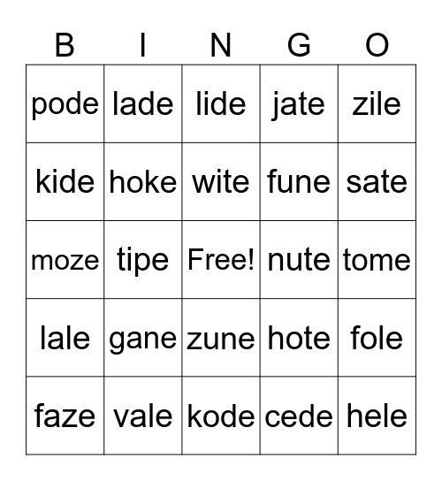 Silent e Nonsense Words Bingo Card
