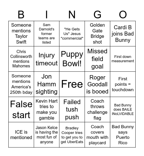 Super Bowl LX Bingo Card