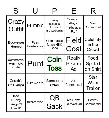 Superbowl Bingo Card