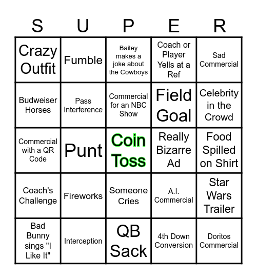 Superbowl Bingo Card