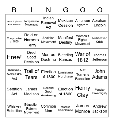 US History Domain 2a Bingo Card