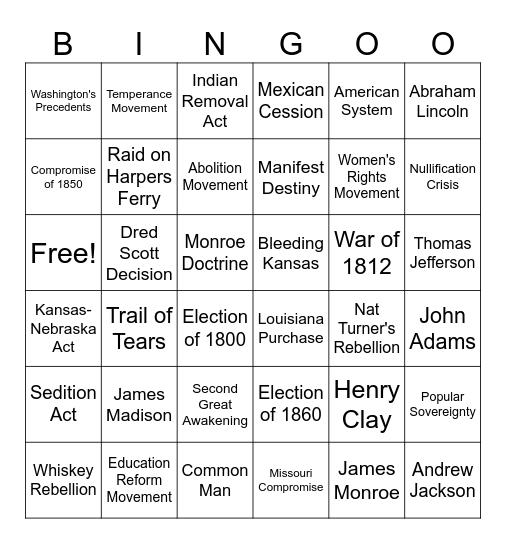 US History Domain 2a Bingo Card