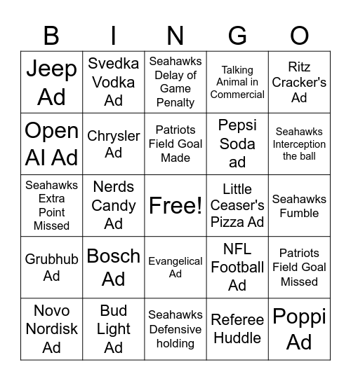Super Bowl LX Bingo Card