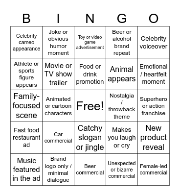 Superbowl Commercial Bingo Card