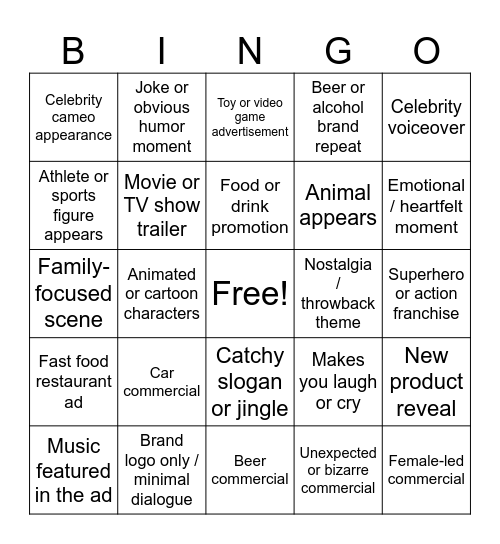 Superbowl Commercial Bingo Card