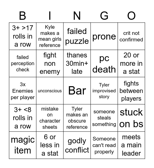 Session Zero Bingo Card