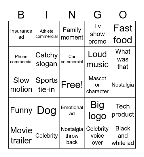 Super Bowl Bingo Card