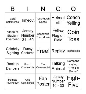 Superbowl 2026 Bingo Card