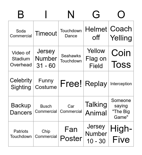 Superbowl 2026 Bingo Card
