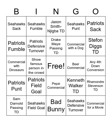 Super Bowl 2026 Bingo Card