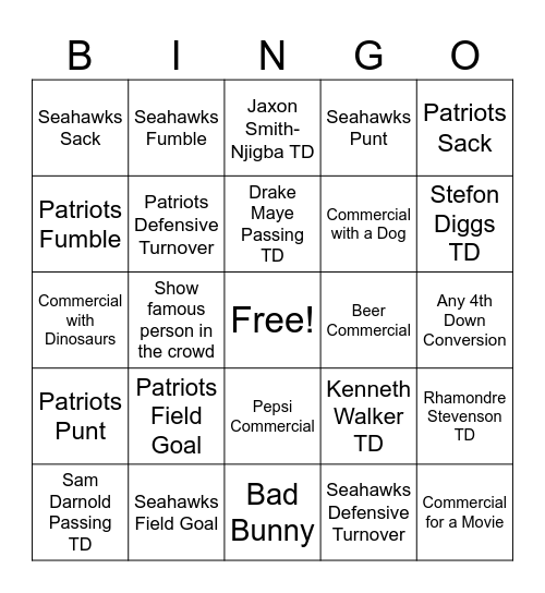 Super Bowl 2026 Bingo Card