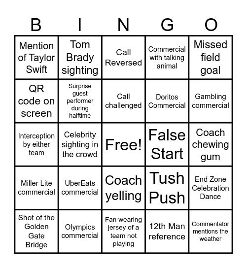 Super Bowl Bingo Card