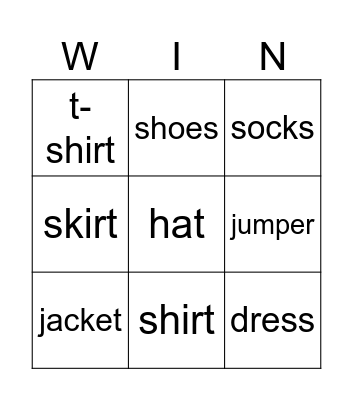 Clothes Bingo Card