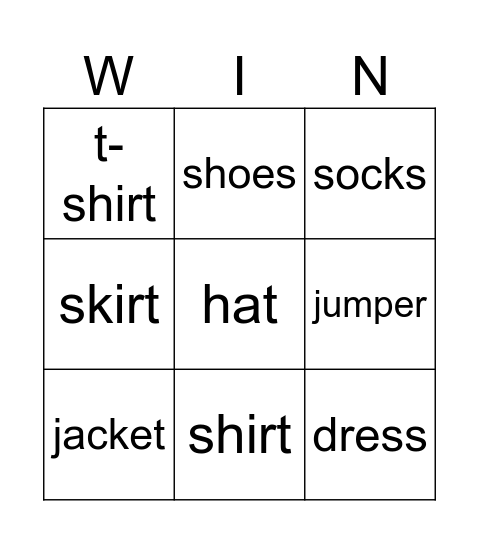 Clothes Bingo Card
