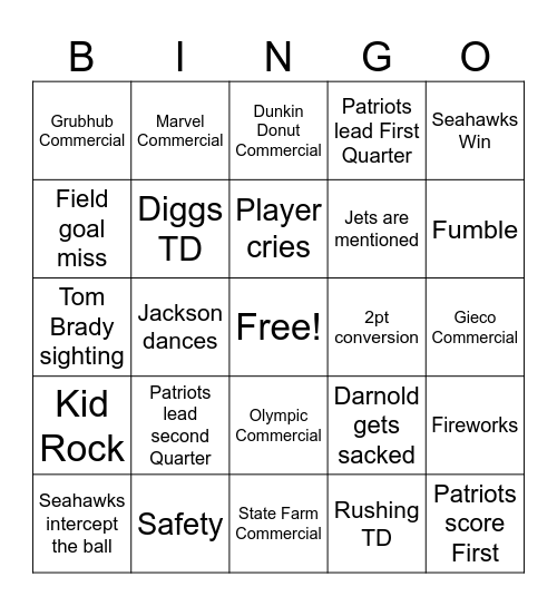 Super Bowl 2026 Bingo Card