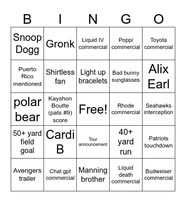 Super Bowl Bingo Card