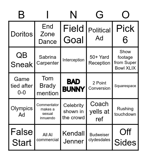 Super Bowl LX Bingo Card
