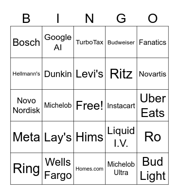 Super Bowl Commercial BINGO Card