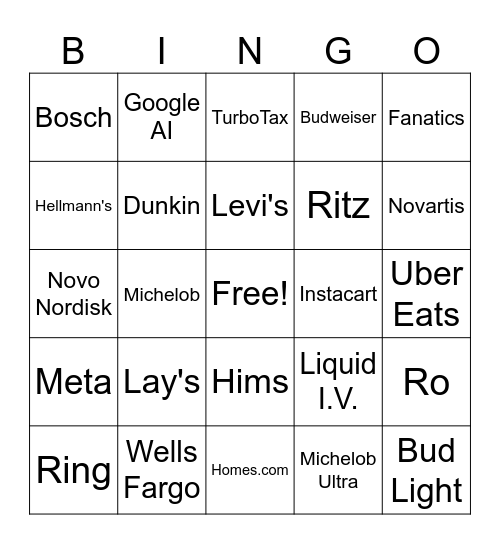 Super Bowl Commercial BINGO Card