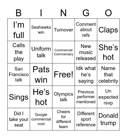 HDTV Superbowl Bingo Card