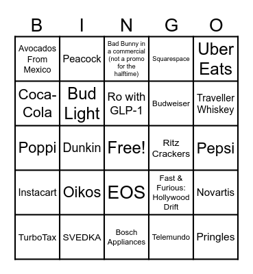 Super Bowl Bingo Card