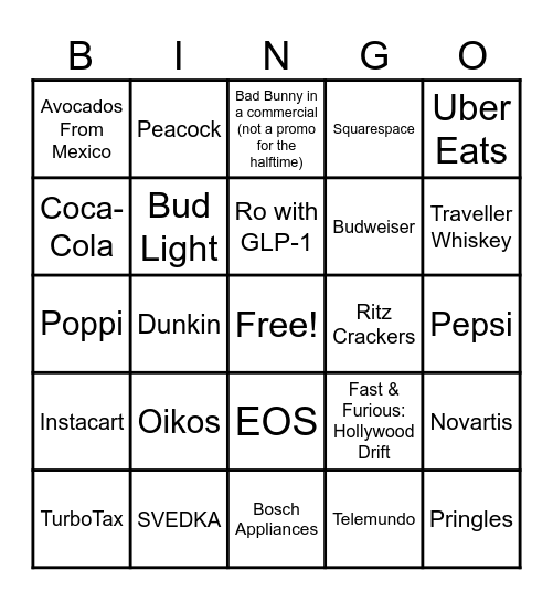 Super Bowl Bingo Card