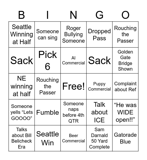 Super Bowl Bingo! Bingo Card