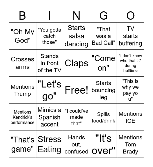 Superbowl Watching Bingo Card