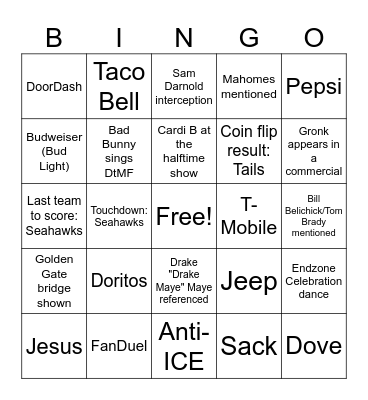 Superbowl 60 Bingo Card