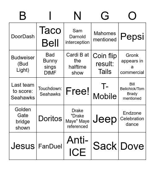 Superbowl 60 Bingo Card