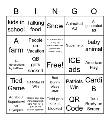 Superbowl 2026 Bingo Card