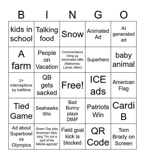 Superbowl 2026 Bingo Card