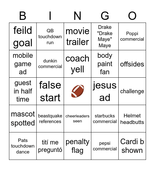 Super bowl bingo Card