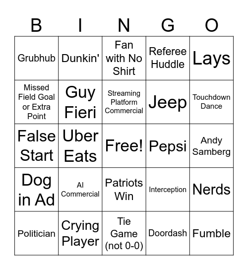 Super Bowl 2026 Bingo Card