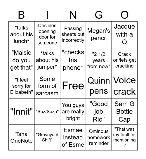 Mr Errington Bingo Card