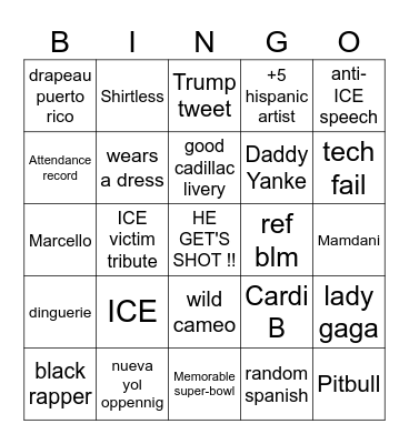 Super Bowl 2026 Bingo Card