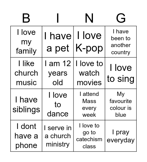 Friendship Bingo Card