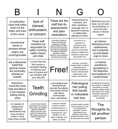Mental Health Bingo Card