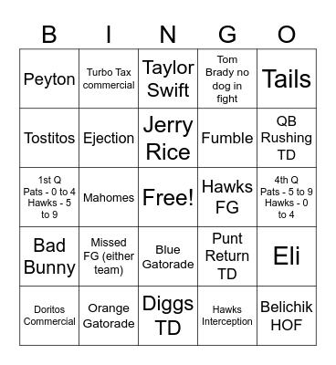 Super Bowl BINGO! Bingo Card