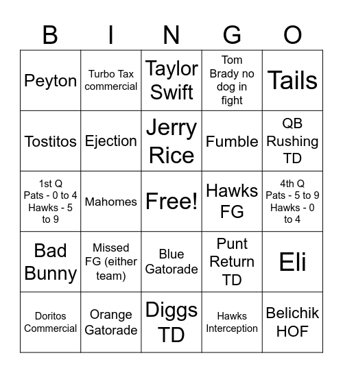 Super Bowl BINGO! Bingo Card