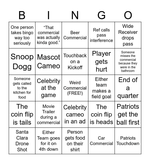 Super Bowl Bingo Card