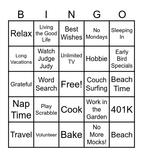 Julia's Retirement Bingo Card