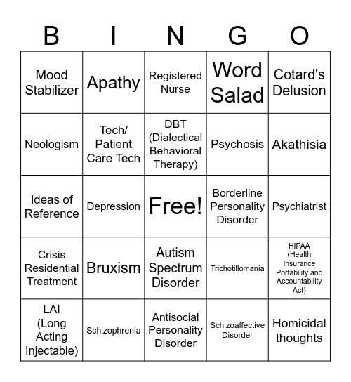 Mental Health Bingo Card