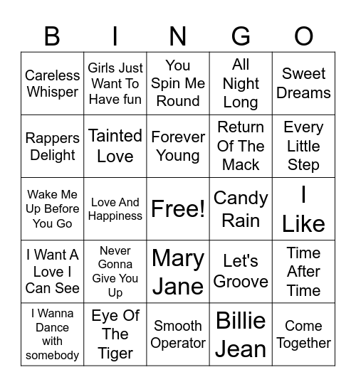 80's MUSIC BINGO Card
